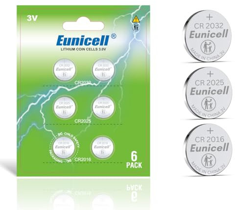 Pack of 6 - Mixed Eunicell 3V Lithium Coin Cell Button Batteries CR2016 CR2025 CR2032 For Apple Airtags, Key Fobs, Home Devices, Fitness and Medical Accessories