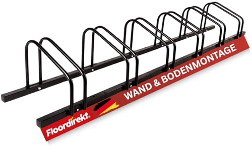 Floordirekt Râtelier à vélo pour 6 vélos avec des pneus d'une largeur allant jusqu'à 55 mm en fer - Support pour montage au sol ou au mur - Support de roue 204 x 33 x 26,5 cm (noir)