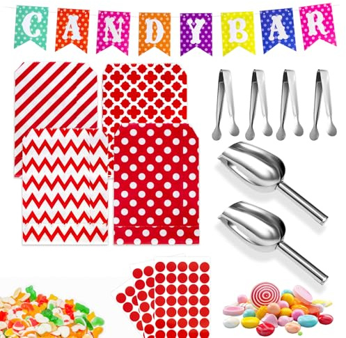 110stück Candy Bar Zubehör, für Hochzeit Geburtstage Party (Rot) | 100 Candy Bar Tüten Und 4 Zuckerzangen Mit Runder Spitze, 2 Candybar Schaufel Und 3 Aufkleberbögen Sowie 1 Deko Girlande