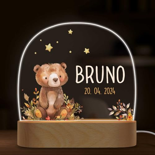 GRAVURZEILE Personalisiertes Nachtlicht für Kinder - Waldtiere Bär - Personalisiert mit Name - LED Nachttischlampe für Kinderzimmer - Geschenk zur Geburt, Taufe & Geburtstag für Jungen & Mädchen