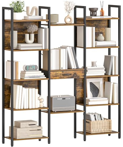 HOOBRO Bücherregal mit 5 Ebenen, Standregal, mit 13 Offenen Fächern, Stoffschublade, Rustikal, Lagerregal, Bücherschrank, Freistehend, für Wohnzimmer, Arbeitszimmer, Retro-Braun und Schwarz EBF160SJ01