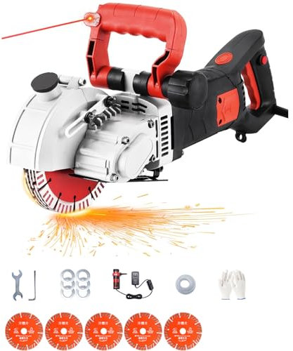 Electric Wall Chaser, 7100W 5000r/min With 5 PCS Saw Blades,Wall Groove Cutting Machine Slotter with Water Pump, 40mm Maximum Groove Cutting Width, 52mm Channel Depth for Granite Marble Concrete