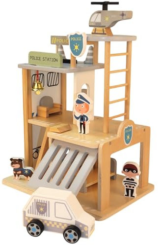 Hölzernes Polizeistation-Spielset, Polizeiwache, Mehrfarbig, 3-stufiges Puppenhaus-Set mit Figuren, Auto, Hubschrauber und Zubehör, Vorschule, Lernspielzeug