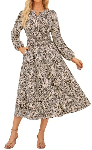 GRACE KARIN Wedding Guest Dress Autumn Long Sleeve A Line Casual Floral Flowy Maxi Dresses for Women CL37-02/Brown Flower M