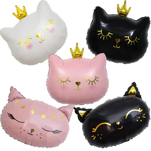 DWUENT Crown & Queen Cat Metallic Foil Balloons, 5 Pack 22 Inch - Pink Black White Gold Party Decorations for Adult Celebrations