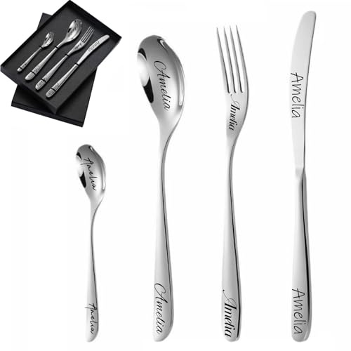 Couverts gravés personnalisés, ensemble de couverts personnalisés pour adultes, fourchette, couteau, cuillère et cuillère à café,ensemble de couverts en acier inoxydable gravés (Argent)