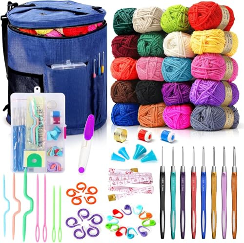 Set di 75 colori di lana per uncinetto, grande borsa per maglieria, 20 colori di filato, set completo con accessori per maglieria inclusi uncinetti, marcatori per maglie, metro a nastro e altro, per