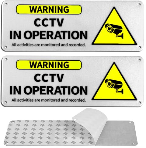 Aluminium CCTV in Operation Sign,Pre-drilled&Self-Adhesive CCTV Sign | 2 Pack 25 x 9cm Waterproof UV-Resistant Camera Signs Outdoor for Home, Office, Store, Warehouse