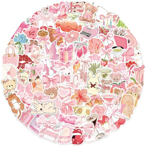 100Pcs Pink Aesthetic Stickers, Coquette Mixed Sweet Stickers for Girls, Waterproof Vinyl Decals for Skateboards Luggage Laptop