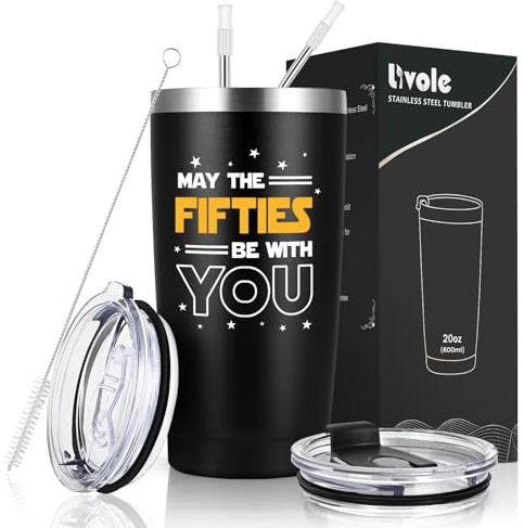 Livole Mens 50th Birthday Gifts Men, 50th Birthday Mug for Men, Him, Dad, May The Fifties Be with You, 20oz 600ml Insulated Wine Tumbler Travel Mug
