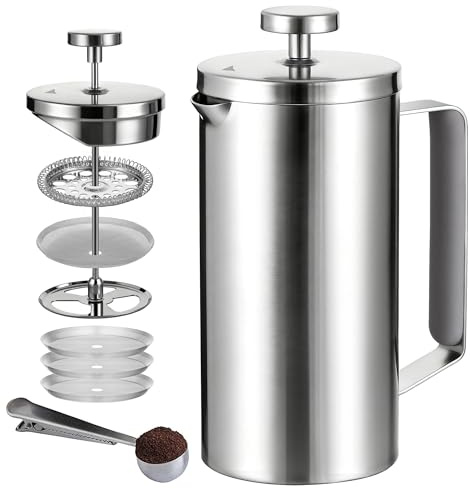Wrobic Cafetiere French Press Coffee Maker 600ml/20oz, 304 Double-Wall Insulated Stainless Steel, 3-Level Filtration System, Silicone Handle, Silver Matte, 2-4 Cup, for Home Camping Office