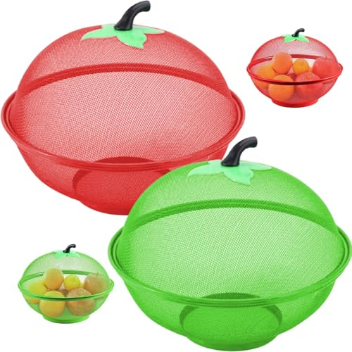 Frutero, 2 cestas de frutas de malla con tapa, cuenco de metal de 11 pulgadas con asa bonita y recipiente cubierto a prueba de moscas en la parte inferior elevada para cocina, cesta