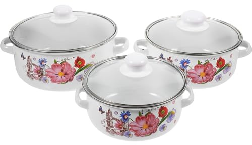 Generico Pentola Smaltata Vintage Doppia Maniglia Set da 3 Pezzi Pentola per Zuppa Coperchio Fondo Piatto per Riscaldamento Uniforme Multiuso per Cucina Domestica Ristorante e