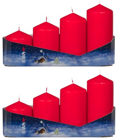 EWA Adventsstumpenkerze gestuft – Rot – festliche Weihnachtskerze – 2× 4er Stumpenkerzen Set (8 Kerzen) – Ø 50 mm – Stufen 65/80/95/110 mm – Adventskerzen für Weihnachten