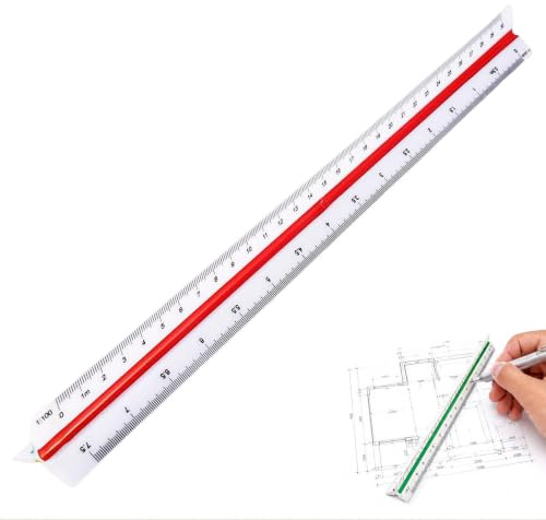 AJKQNMA 30cm Dreikantmaßstab aus Kunststoff, Rot Dreikantlineal mit 6 metrischen Skalen 1:20 1:25 1:50 1:75 1:100 1:125, Präzisionsmaßstab für Architekten Ingenieure