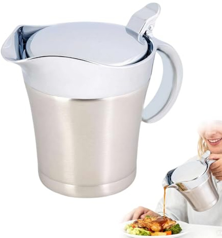 Salsera aislado de acero inoxidable con tapa, calentador térmico de salsa de 15 onzas y servidor de salsas, diseño de doble pared con boquilla antigoteo, cubierta con bisagras para Acción de Gracias