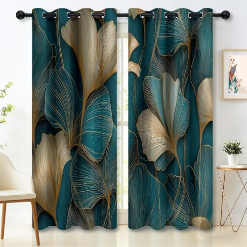 Vorhänge Moderne Minimalistische Blätter Blickdicht Gardinen H214 x B91.5 cm (2er Pack), Verdunklungsvorhänge mit Ösen Thermovorhang für Wohnzimmer Schlafzimmer Kinderzimmer, Blaugrün