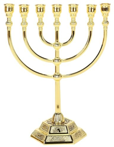 Menorah-Kerzenhalter, Chanukka-Menora mit 7 Zweigen und 12 Stämmen Israels – jüdischer Kerzenhalter aus Zinklegierung mit Stabiler Basis für Heimbüro-Schreibtischdekoration, golden