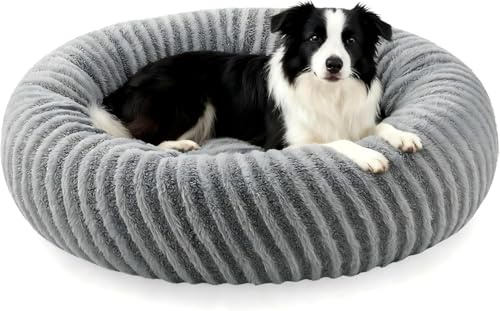 Pawk Hundsäng medelstora hundar rund, donut hundsäng tvättbar, mysig hundkorg, mjuk halkfri, kaninimitation plysch & teddy-fleece hundkorg, ø 76 cm, grå