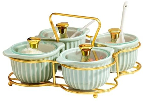 SAeWare Set di scatole per condimenti in ceramica con coperchio a cucchiaio, vassoio per condimenti, set con cucchiaio, contenitore per spezie, zucchero, spezie, spezie, verde chiaro, 4 pezzi