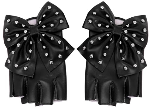 TIKODIDA Guantes de Medio Dedo para Mujer Negros, Lazo y Remaches de Cuero, Guantes de Escenario de Moda para Navidad y Fiestas Temáticas Retro, Accesorios de Moda para Dama
