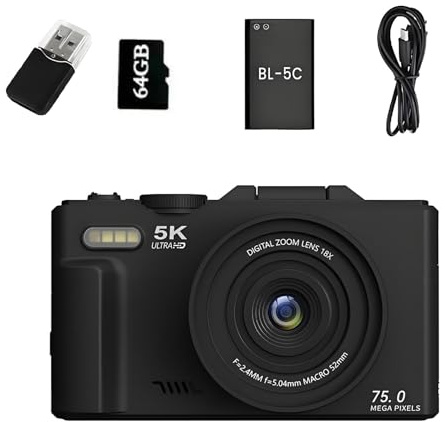 Optinexo 5K Digital Compact Camera, Zoom Ottico 18X, Schermo Orientabile A 180°, 75 Milioni Di Pixel, Scheda Di Memoria Da 64 Gb Inclusa, Ideale Per I Viaggi E I Principianti (Nero)