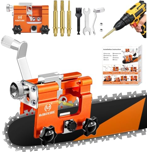OMCCHK Universal Chainsaw Sharpener Jig with 3 Premium Sharpening Steels, Compact Portable Chain Saw Sharpener Tool with Cleaning Brush, Manual Kit for 4-22 Electric Saw Chains.