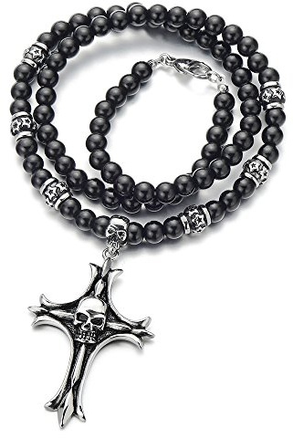 Gothic Teufel – Herren Perlen Onyx schwarz Halskette mit Kreuz Totenkopf Edelstahl