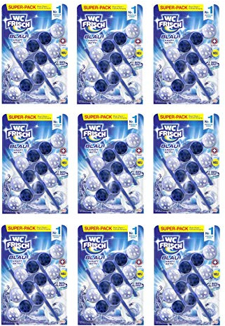 WC FRISCH Kraft Aktiv Blauspüler Chlor, WC-Reiniger, 9er Pack (9 x 150g), Farbspüler mit 50 Prozent mehr Glanz