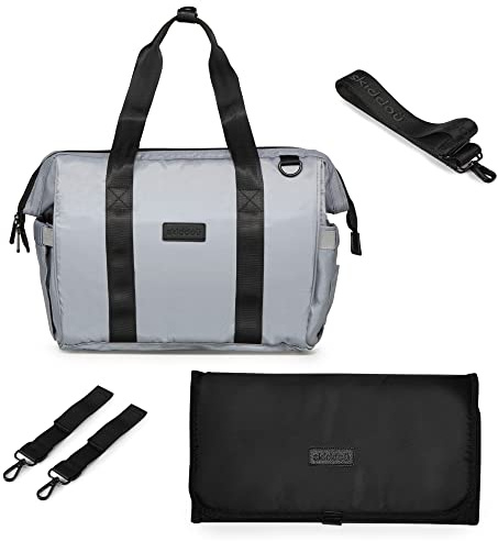 skiddoü Kinderwagen-Tasche Inger Organizer für Kinderwagen, Wickeltasche, viele Taschen, Thermotasche, wasserdicht, große und weiche Wickelunterlage unterwegs, Organisationstasche, Polyester, hellgrau