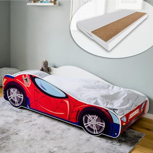 Kids Collective Autobett Kinderbett Jugendbett 70x140 | 80x160 mit Rausfallschutz & Matratze | Kinder Spielbett Rennfahrer