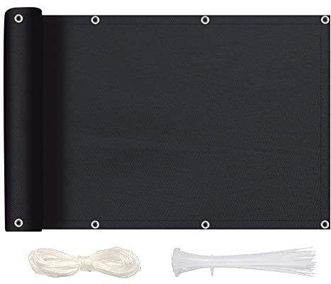 MEEYI Sichtschutz Balkon Sichtschutz 90x550cm, Balkonabdeckung Blickdichte Wind- und UV-Schutz Wetterfest 100% Privatsphäre Balkonverkleidung mit Ösen, Nylon Kabelbinder und Kordel, Schwarz