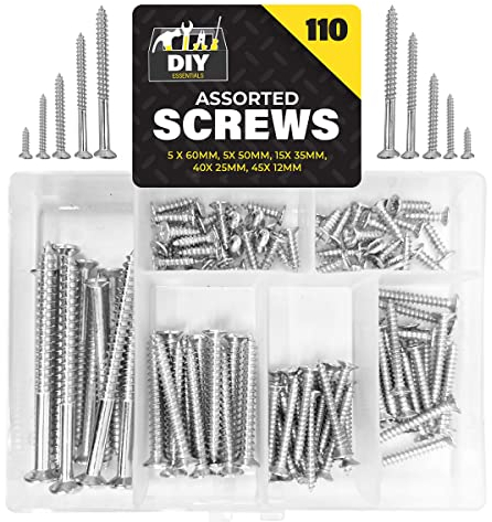 SOL 110pk Assorted Screws - 1.2cm to 6cm Length Countersunk Screw Set for DIY & Repairs - Mixed Steel Self-Tapping Flat Head Screws with Storage Box