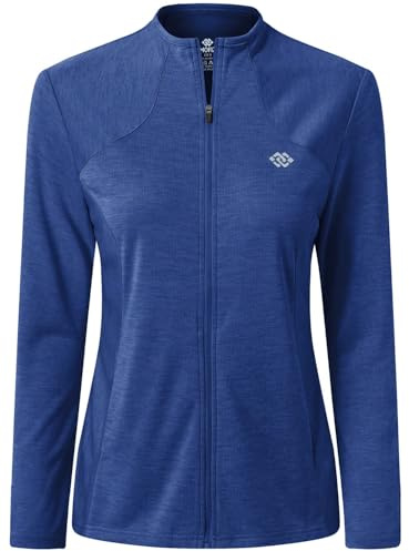 MoFiz Donna Giacca da Corsa Felpa Sportiva Leggera Manica Lunga Traspirante Top da Tuta Cerniera Integrale senza Cappuccio per Running Fitness Yoga Palestra con Tasche Blu M