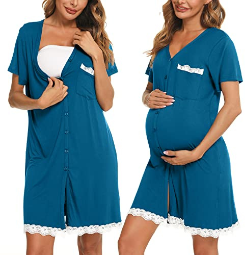 Uniexcosm Camicie da Notte Parto Cotone Camicia Notte Premaman con Scollo A V Manica Corta Aperto Anteriore Camicia da Notte Donne Gravidanza Lago Blu M
