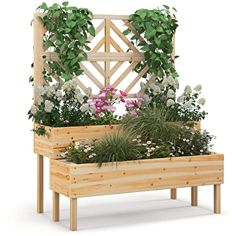 RELAX4LIFE Blumenkasten mit Rankgitter, 2 Etagen Hochbeet mit Spalier, Pflanzkasten mit Gartenspalier für Kletterpflanzen, Rankkasten Holz, Blumenbeet für Balkon Terrasse, 109 × 62 × 135 cm (Natur)
