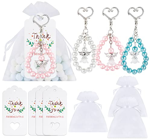 BOFUNX 21 Stücke Gastgeschenke Schutzengel Anhänger Klein Engel Schlüsselanhänger + 21 Stücke Organzasäckchen + 21 Stücke Etiketten Anhänger für Hochzeit Kommunion Konfirmation Taufe Party Geschenk