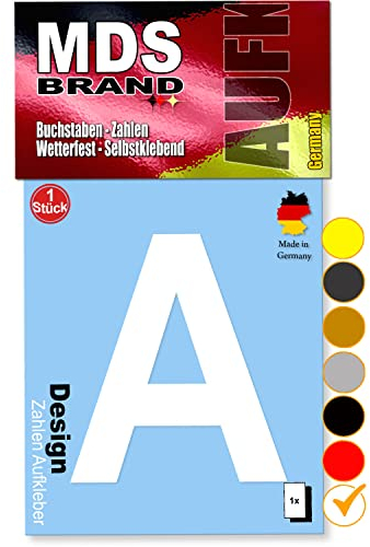 MDS Brand 10cm Design Buchstaben Aufkleber Selbstklebende Klebebuchstaben | Wetterfest Alphabet zum Aufkleben für Briefkasten, Auto, Mülltonne, Vinyl Buchstaben für Außen & Innen (Weiss, A)