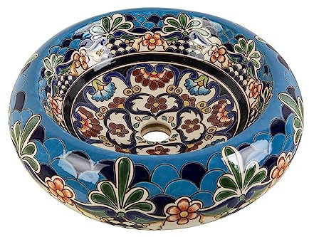 Cerames La Reina Prima - Keramikwaschbecken mit erhabenem Muster, Mexikanische Rund Aufsatzwaschbecken | 40 cm Keramik Talavera Waschbecken aus Mexiko