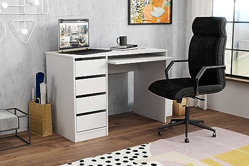 Kaiser Möbel Schreibtisch Computertisch PC Tisch mit 4 Schubladen für Jugendzimmer, Arbeitszimmer, Schlafzimmer, Büro, Gregory 110x77x50 cm Weiß