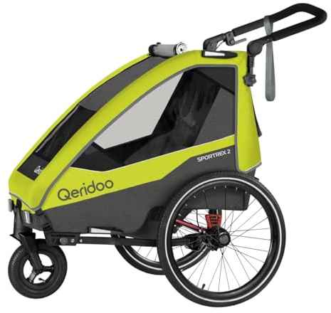 Qeridoo Fahrradanhänger Sportrex 2 Limited Edition Lime Green, faltbar, mit 360 Grad drehbaren, luftgefüllten Buggyrad und patentierten Kopfprotektoren, für 2 Kinder