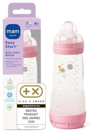 MAM Easy Start Anti-Colic - Borraccia da 320 ml, particolarmente ben accettata, con valvola a fondo contro coliche e tettarelle, misura 2, 4 mesi, cigno