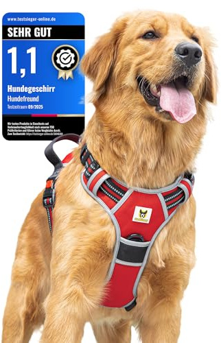 Hundefreund Hundegeschirr für Mittlere Hunde – Reflektierend, Gepolstert & Verstellbar – Anti-Zug Geschirr mit Griff & 3 Sicherheitsverschlüssen – Sicher Gassi Gehen & Autofahren – (M, Rot)