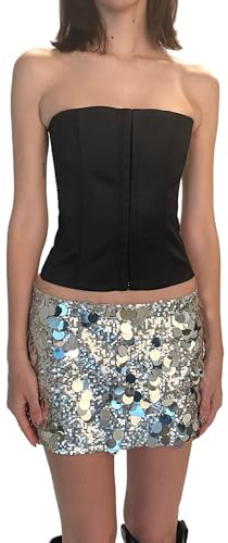 ZZLBUF Women Shiny Sequin Mini Skirt Mid Waist Summer Casual Elastic A-line Skirt Pencil Skirt for Beaches Club Streetwear (Silver, M)
