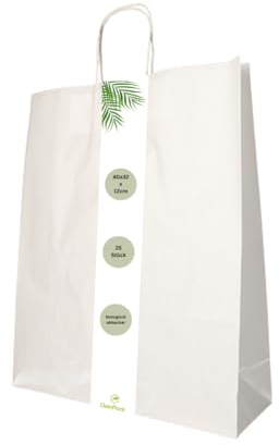 DeinPack 25 Umweltschonende Papier Tragetaschen 32 x 12 x 41 cm groß I Papiertüten Geschenktüten Papiertragetaschen biologisch abbaubar, kompostierbar I weiße Papier Tüten