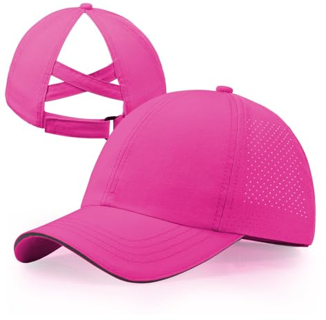 CHUANGLI Girls Criss Cross Ponytail Hat Reflective Lightweight Baseball Cap for Kids Quick Drying Mesh Sports Hat for Age 7-12