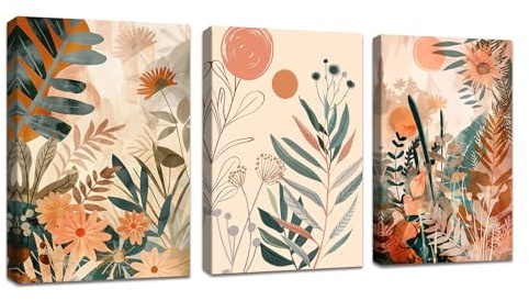 FajerminArt 3Pcs Boho Orange Framed Canvas Wall Art, Abstract Leaves and Sun Nordic Minimalist Modern Plant Flower Wall Decor, Mid-Century Canvas Painting for Bedroom Living Room Office 40x60cmx3 Pcs