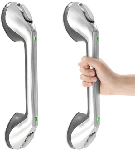 Newthinking Maniglia lunga a ventosa per bagno, maniglia doccia a ventosa da 40,6 cm con indicatore, maniglia portatile di sicurezza a ventosa per la mobilità per anziani disabili (2, argento)