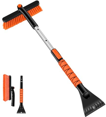 Odoland 33 Extendable Snow Brush with Detachable Ice Scraper for Car Windshield with Foam Grip and 360° Pivoting Brush Head for Christmas Car Auto Truck SUV, Orange