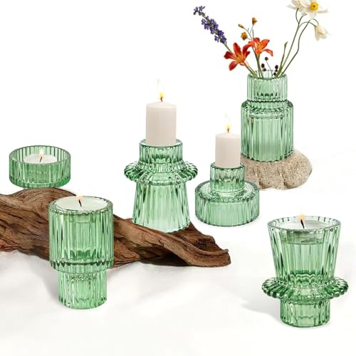 3er Windlicht Glas Set,2-in-1 Grün Teelichthalter Kerzenständer,Kerzenhalter Stabkerze Votivkerzenhalter für Deko Wohnzimmer,Teelicht Weihnachten Tischdeko,Hochzeitsessen,Partylite